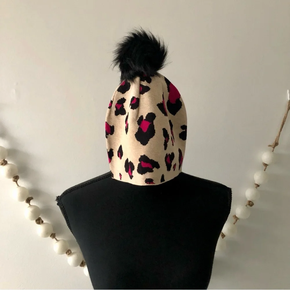 Chico's Berry Pink Leopard Print Beanie Hat Removable Faux Fur Pom Pom - Picture 1 of 10